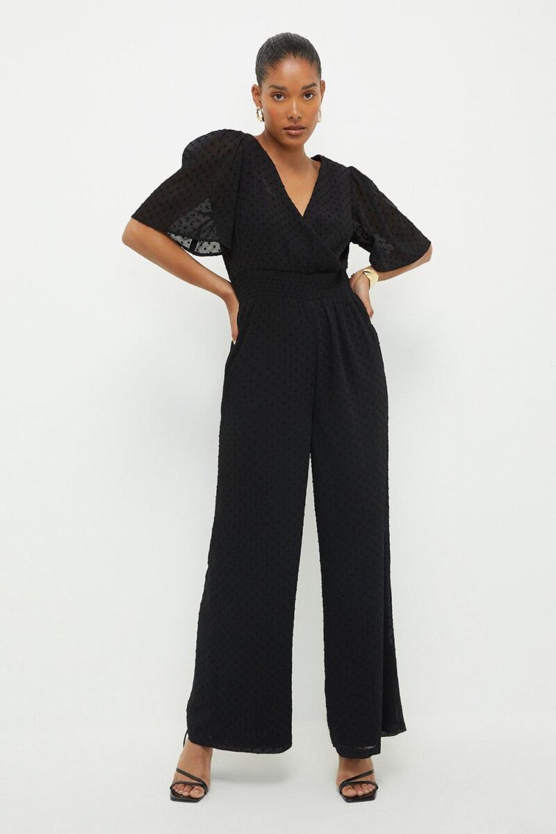 Dorothy Perkins Womens Black Chiffon Dobby Shirred Waist Jumpsuit by Dorothy Perkins UK GBP26.00 - Grab Your Coat!