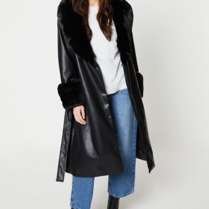Dorothy Perkins Womens Faux Leather Faux Fur Belted Coat by Dorothy Perkins UK GBP53.40 - Grab Your Coat!