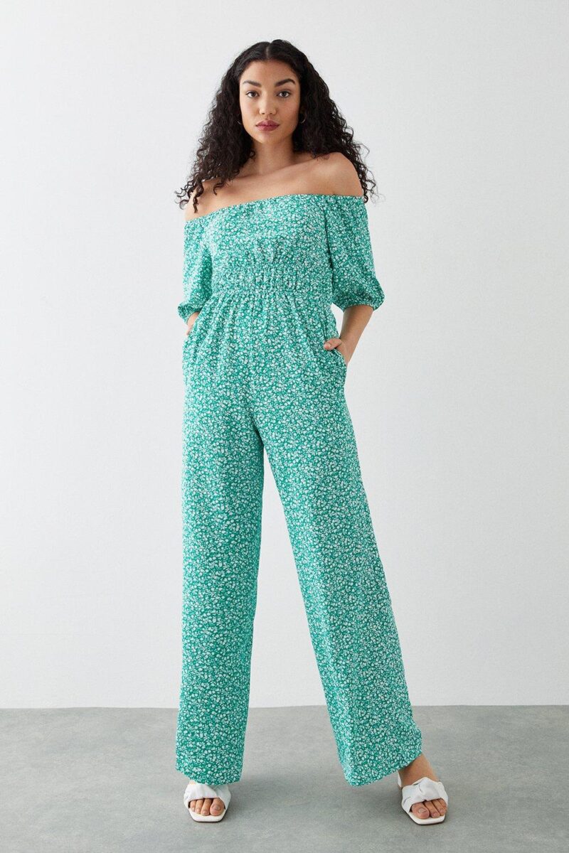 Dorothy Perkins Womens Green Ditsy Print Bardot Jumpsuit by Dorothy Perkins UK GBP10.00 - Grab Your Coat!