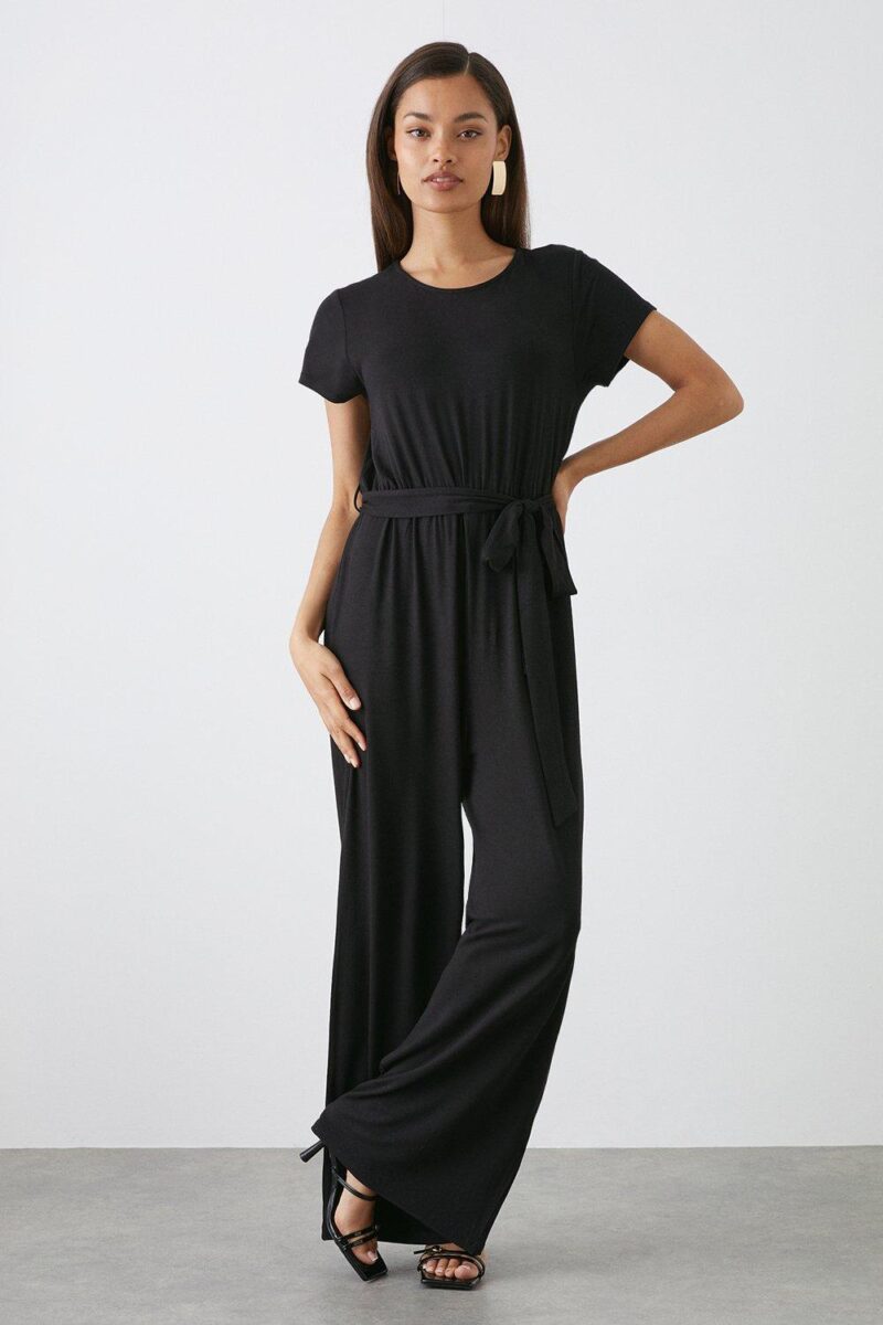 Dorothy Perkins Womens Petite Black Short Sleeve Tie Waist Jumpsuit by Dorothy Perkins UK GBP12.25 - Grab Your Coat!